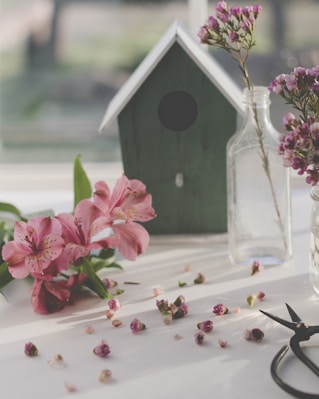 purple flower on clear glass bottle