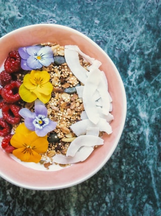 food in pink bowl