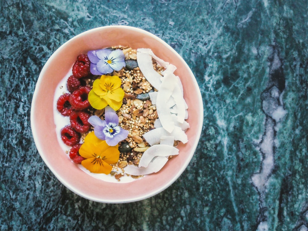 food in pink bowl