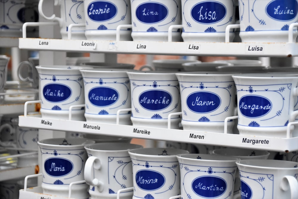white and blue ceramic mug lot
