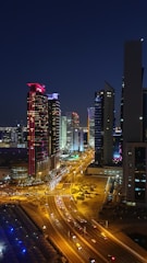 high-angle photography of cars on road between high-rise buildings