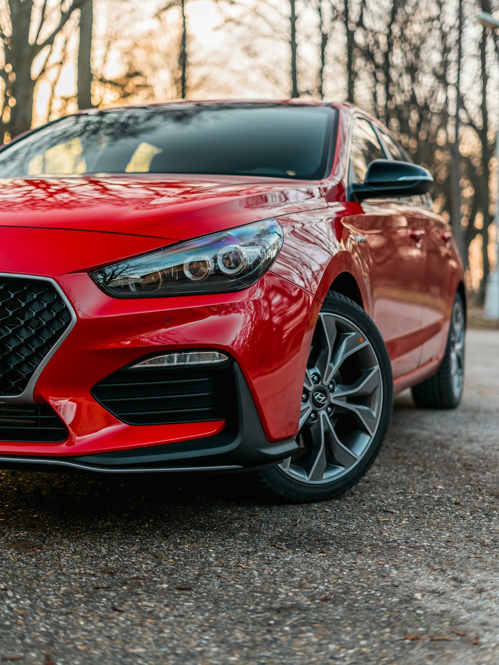 voiture rouge sous l’arbre