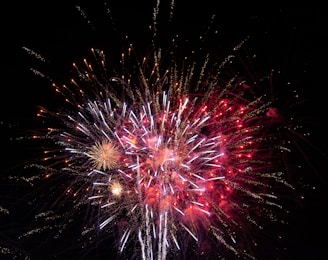 A vibrant display of fireworks with bursts of red, white, and gold lights against a dark night sky. The fireworks create a dazzling and dynamic pattern of streaks and sparks.