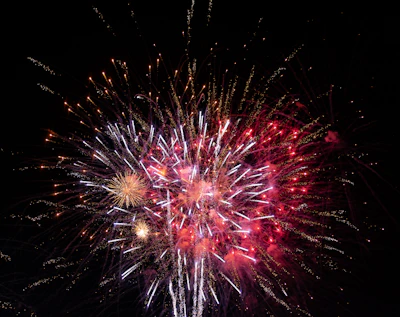A spectacular fireworks display bursting in reds and golds above a concert stage with dynamic lighting and an excited crowd.