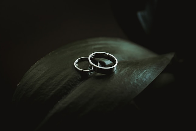 Two silver rings rest elegantly on a large green leaf, surrounded by a dark, moody background. The simplicity and minimalism of the setting highlight the smooth texture and reflective quality of the rings.