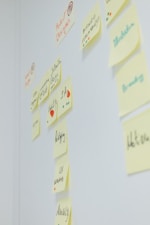 Sticky notes with handwritten words and diagrams are arranged on a white wall. The text on the notes includes terms related to design, like 'Product Design', 'Web Design', 'Branding', 'UX', and 'IA'. Different colored dots and small drawings are present alongside the text.
