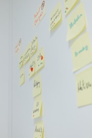 Sticky notes with handwritten words and diagrams are arranged on a white wall. The text on the notes includes terms related to design, like 'Product Design', 'Web Design', 'Branding', 'UX', and 'IA'. Different colored dots and small drawings are present alongside the text.