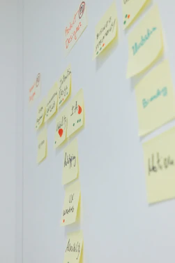Sticky notes with handwritten words and diagrams are arranged on a white wall. The text on the notes includes terms related to design, like 'Product Design', 'Web Design', 'Branding', 'UX', and 'IA'. Different colored dots and small drawings are present alongside the text.