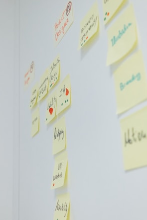 Sticky notes with handwritten words and diagrams are arranged on a white wall. The text on the notes includes terms related to design, like 'Product Design', 'Web Design', 'Branding', 'UX', and 'IA'. Different colored dots and small drawings are present alongside the text.
