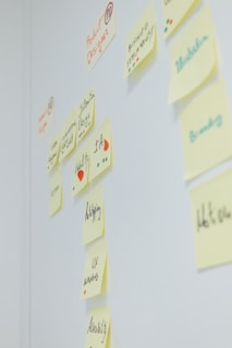 Sticky notes with handwritten words and diagrams are arranged on a white wall. The text on the notes includes terms related to design, like 'Product Design', 'Web Design', 'Branding', 'UX', and 'IA'. Different colored dots and small drawings are present alongside the text.