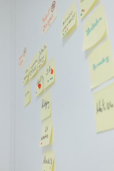 Sticky notes with handwritten words and diagrams are arranged on a white wall. The text on the notes includes terms related to design, like 'Product Design', 'Web Design', 'Branding', 'UX', and 'IA'. Different colored dots and small drawings are present alongside the text.