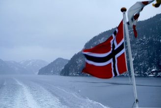 A Norwegian flag flutters in the foreground against a backdrop of a serene, icy fjord flanked by snow-covered mountains and dense, dark forests. The sky is overcast, creating a somber and tranquil atmosphere.
