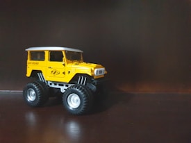 A miniature toy car designed as an off-road vehicle, featuring a bright yellow body with large, rugged black tires. The car displays a detailed front grille and window frames, with the words 'OFF ROAD' printed on the side. It is positioned against a dark background, emphasizing its vibrant color.