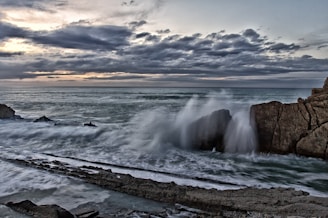 A dramatic shot of a stormy sea with crashing waves.