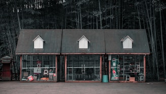 Three small wooden cabins with glass fronts are positioned side by side against a backdrop of dense bamboo forest. The cabins have steeply pitched roofs with small dormer windows. Various products and objects are visible through the glass, including a vending machine, beverage containers, and different packaged items. The scene exudes a rustic and somewhat nostalgic feel.