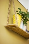 green-leafed plant in yellow pot on brown wooden wall shelf