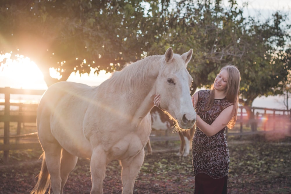woman holds white horse in barn