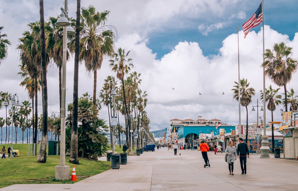 a group of people walking down a sidewalk next to palm trees