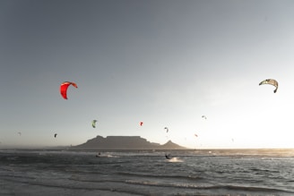 A group of friends preparing their kitesurf kits by the shore at sunset.