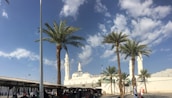 A large white mosque with multiple domes and minarets stands in the background under a bright blue sky dotted with clouds. Several tall palm trees are foregrounded, along with a market setup where people can be seen walking and shopping.