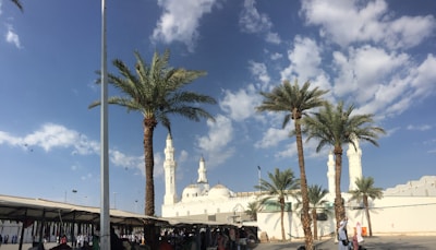 A large white mosque with multiple domes and minarets stands in the background under a bright blue sky dotted with clouds. Several tall palm trees are foregrounded, along with a market setup where people can be seen walking and shopping.