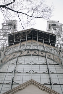 A detailed view of a metal-framed architectural structure, with a focus on intricate geometric patterns. The structure is flanked by two tall towers, and in the foreground, bare tree branches extend across the scene.