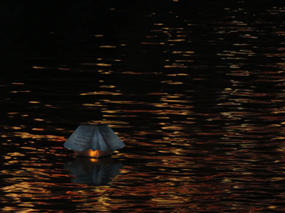 A glowing glass float wrapped in weathered fishing net, resting on driftwood under soft lantern light.