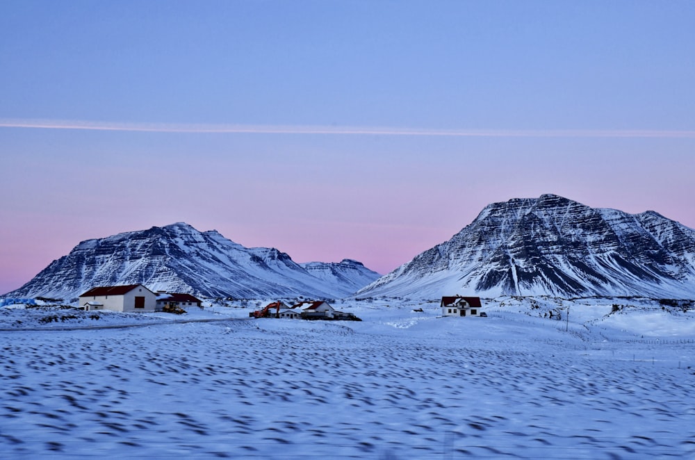 a snowy landscape with mountains in the background