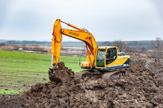 A large, yellow excavator is actively digging into a mound of earth in a rural landscape. The background features expansive fields and distant trees under a cloudy sky. A white vehicle is visible in the distance, parked near the fields.
