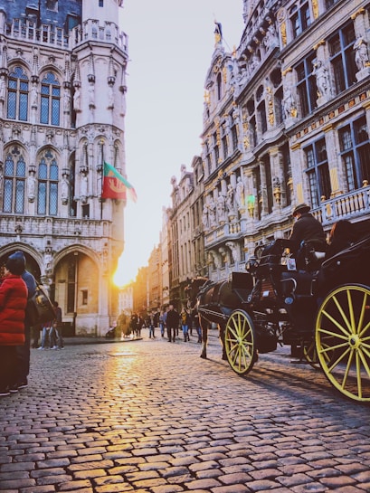 A bustling European square with historic architecture, showcasing elaborately decorated buildings lining a cobblestone street. A horse-drawn carriage with bright yellow wheels adds a classic touch to the scene. A group of people can be seen walking, with the sun setting in the background, casting a warm glow.