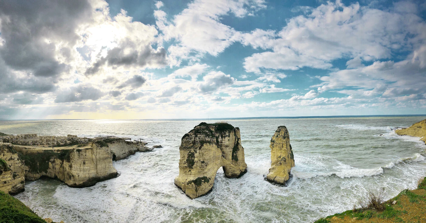 The Raouche rocks standing in the sea off Beirut