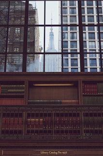 The image features a library interior with a wooden bookshelf filled with neatly arranged books. The view through large windows reveals a cityscape, including historic and modern skyscrapers, and a glimpse of a prominent building's spire in the distance. The scene captures a blend of historic and contemporary architecture.