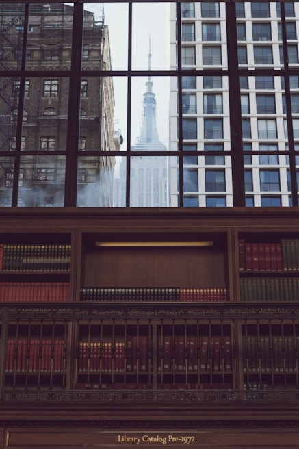 The image features a library interior with a wooden bookshelf filled with neatly arranged books. The view through large windows reveals a cityscape, including historic and modern skyscrapers, and a glimpse of a prominent building's spire in the distance. The scene captures a blend of historic and contemporary architecture.