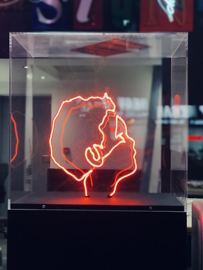 A vibrant neon sign encased in a transparent box, featuring a red glowing abstract depiction against a dimly lit modern interior. The background includes blurred signage and subtle reflections.