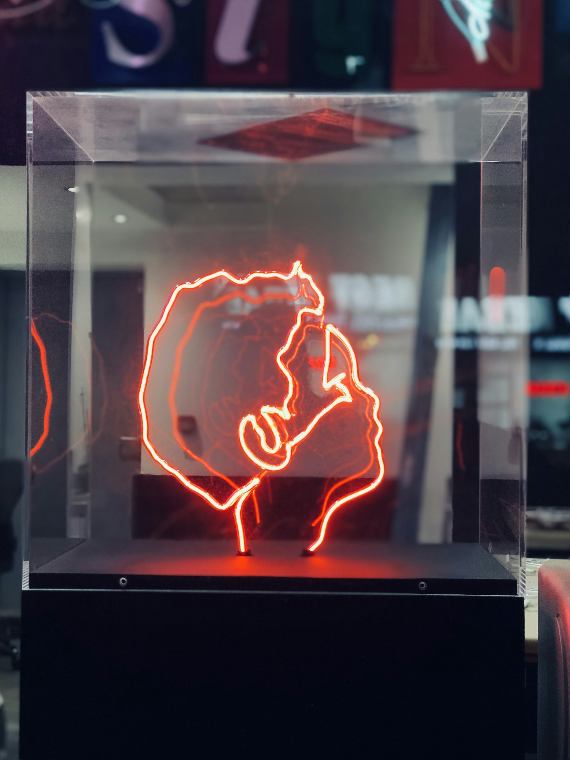 A sleek neon box glowing warmly in a cozy shop interior, highlighting the detailed work of Sabiyah Acrylic.