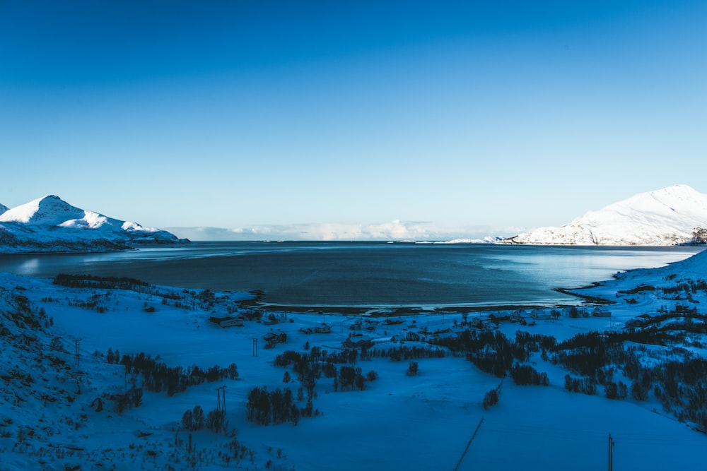 lake surrounded by snow-covered ground under clear blue sky