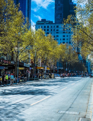 A city street lined with trees and bustling with people, depicting a vibrant urban scene. Tall buildings dominate the background, while pedestrians traverse a crosswalk and bikers ride along the road.