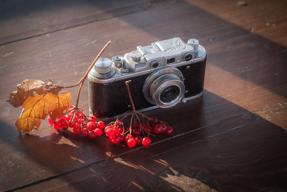 black camera beside cherries