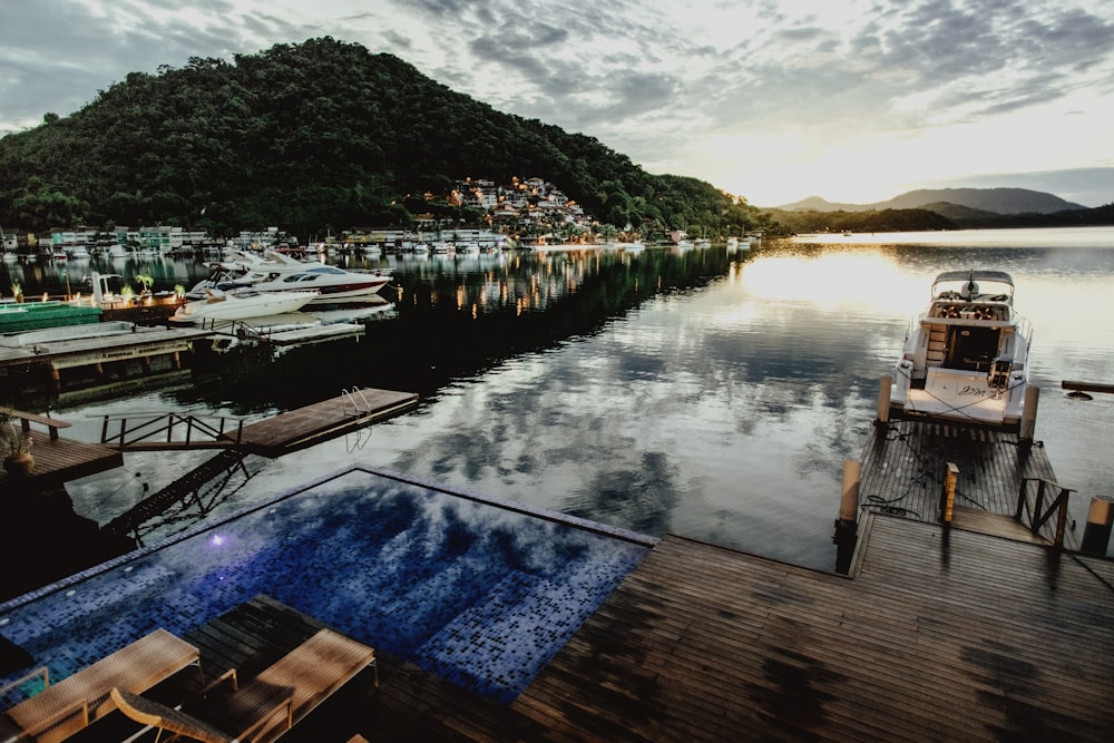 a port and boats in a lake