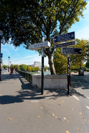 Several street signs are situated on a paved pathway surrounded by trees and greenery. The main sign prominently displays the word 'Bastille' while other directional signs point towards different Parisian locations such as 'Mairie de Paris' and 'Institut du Monde Arabe'. A person is walking along the sidewalk, and a clear blue sky is visible above.