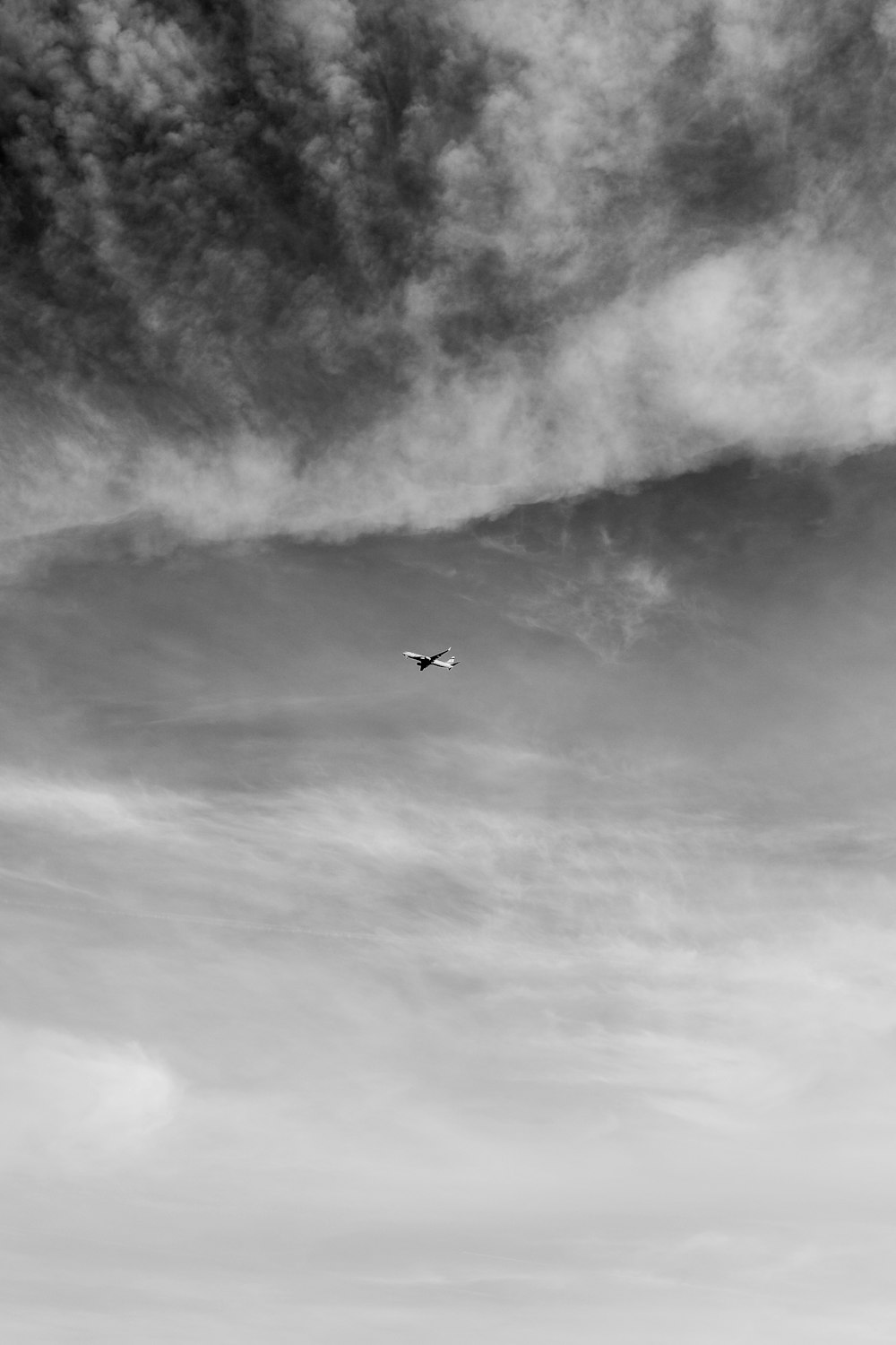 foto em tons de cinza do avião no céu