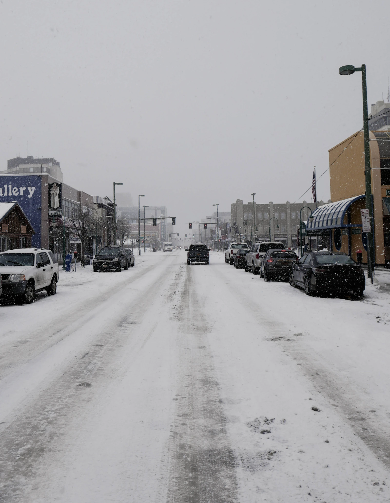 Snow-covered downtown street in winter