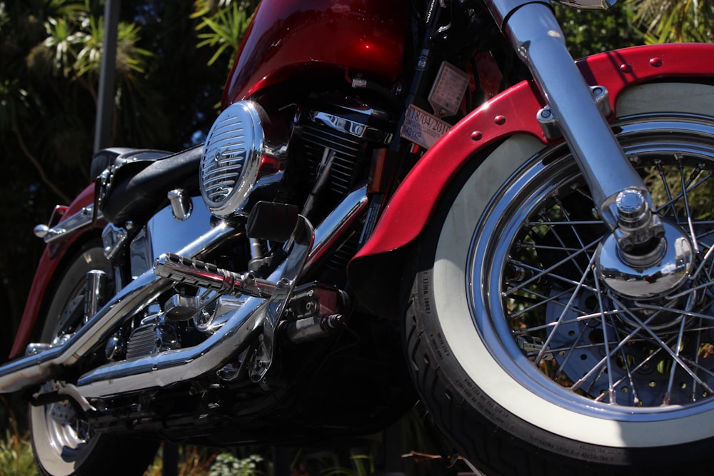 low-angle photography of red and black chopper motorcycle