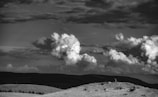 A pastoral landscape featuring dramatic, billowing clouds in a monochromatic setting. Hilly terrain with sparse foliage on the left gives way to a hillside where a herd of animals is scattered. A solitary figure appears to be attending to the animals.