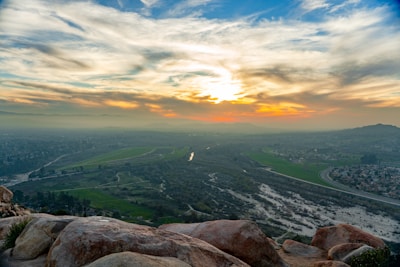 A picturesque view of the surrounding landscape at sunset.