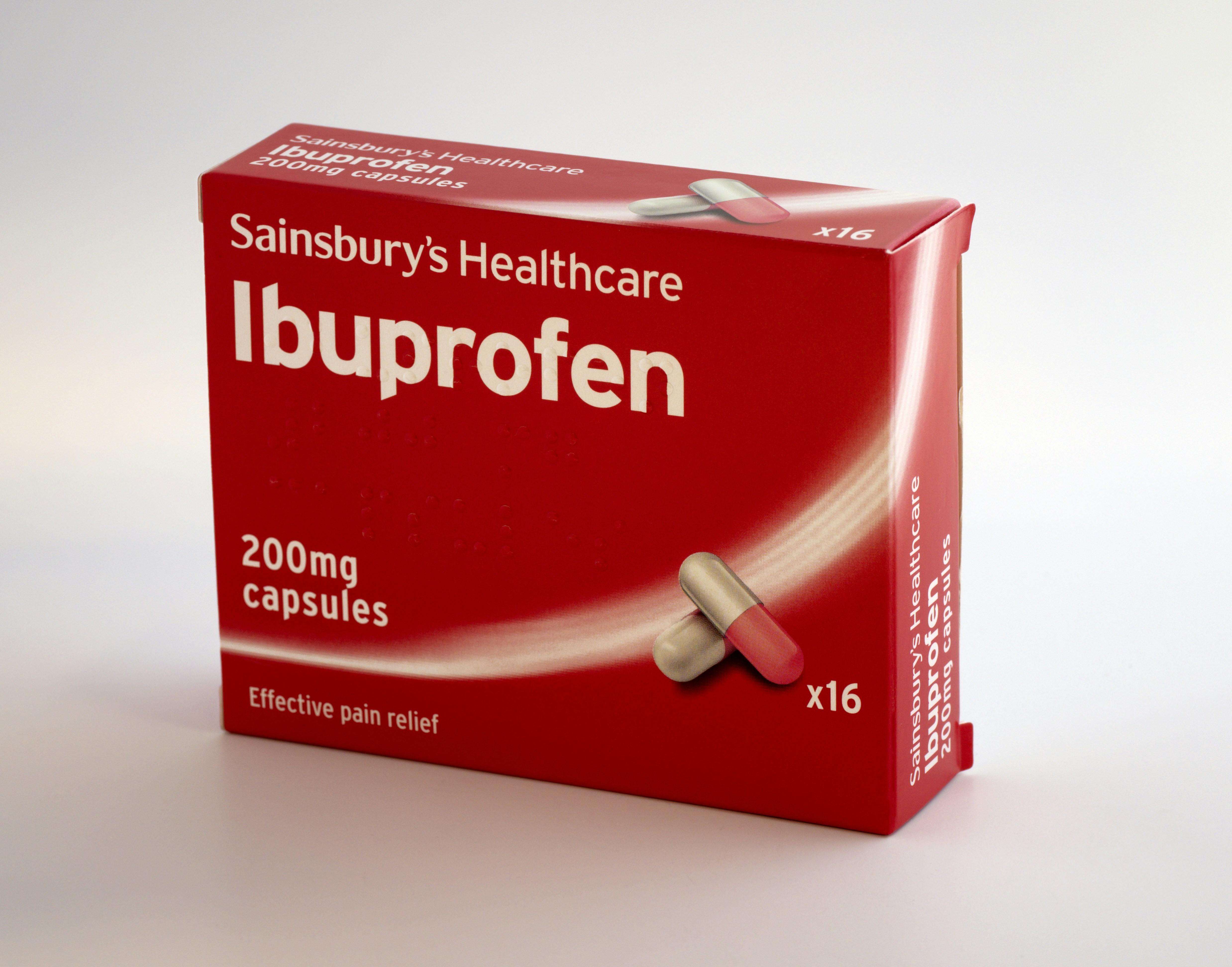 200 mg Sainsbury's healthcare Ibuprofen capsules box
