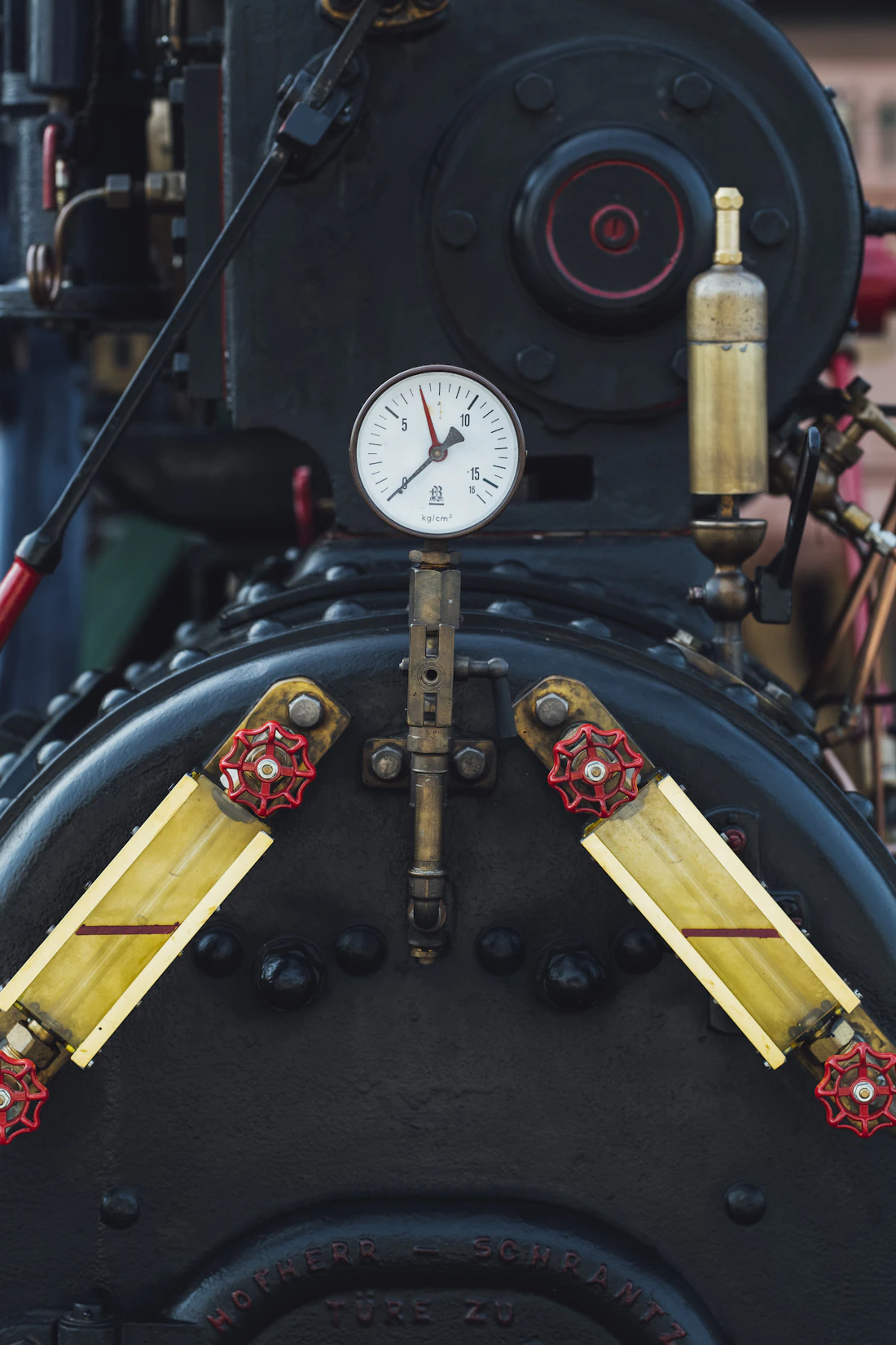 Pressure gauge and valves during a boiler service