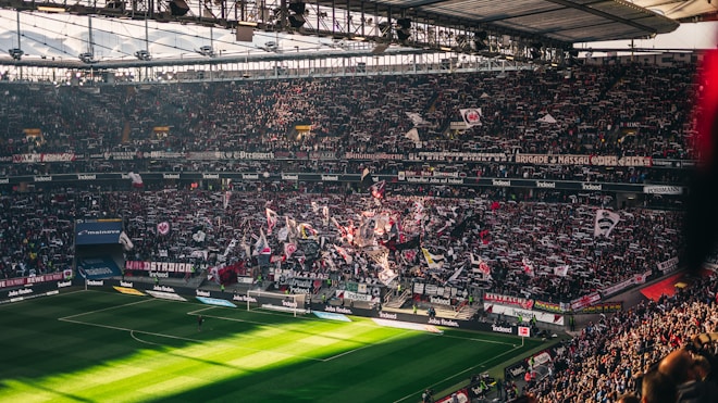 A packed sports stadium filled with enthusiastic fans waving flags and banners. The crowd is dense, showcasing a dynamic and lively atmosphere. Sunlight filters through the stadium roof, casting patterns on the green field below.