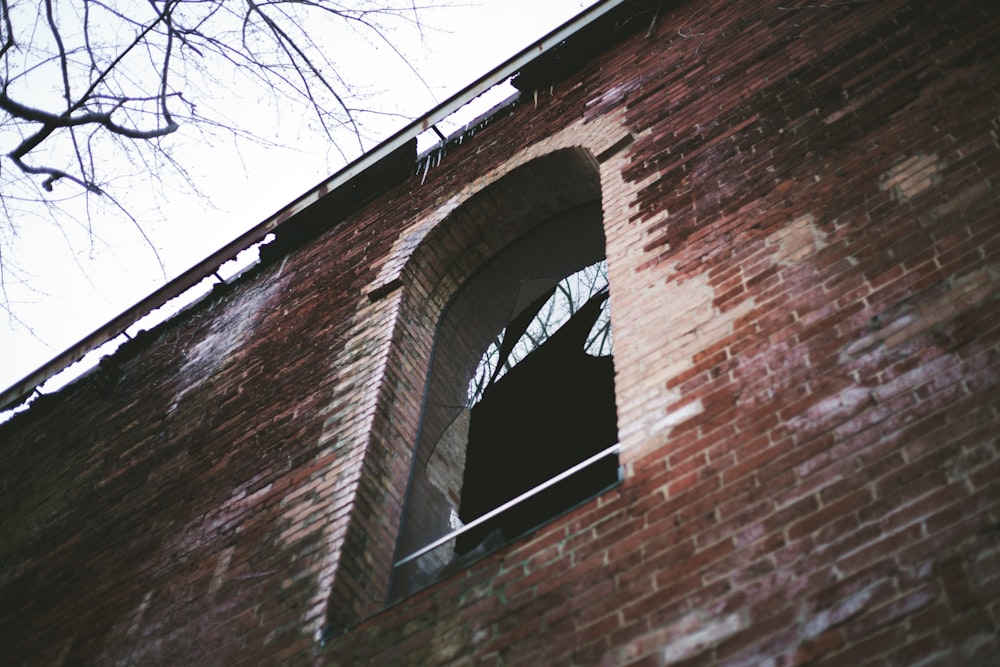 a brick wall with a window and a tree in the background