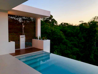 An elegant outdoor shower framed by natural wood and climbing vines.